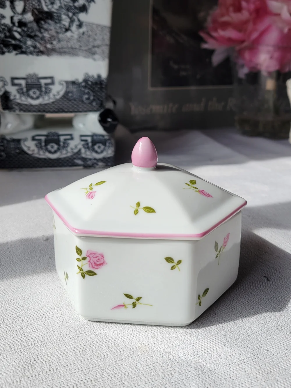 Porcelain Vintage Trinket Box with Pink Rose Pattern